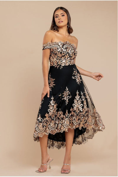 Champagne - Bardot Sequin & Lace High Low Midi - Champagne by Goddiva