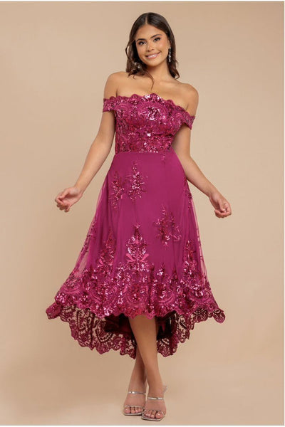 Magenta - Bardot Sequin & Lace High Low Midi - Magenta by Goddiva