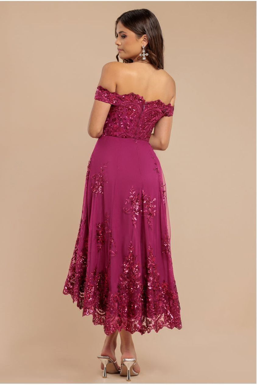 Bardot Sequin & Lace High Low Midi - Magenta DR3675