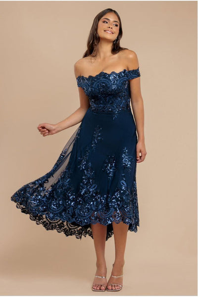 Bardot Sequin & Lace High Low Midi - Navy | Goddiva Bardot Sequin & Lace High Low Midi - Navy | Goddiva