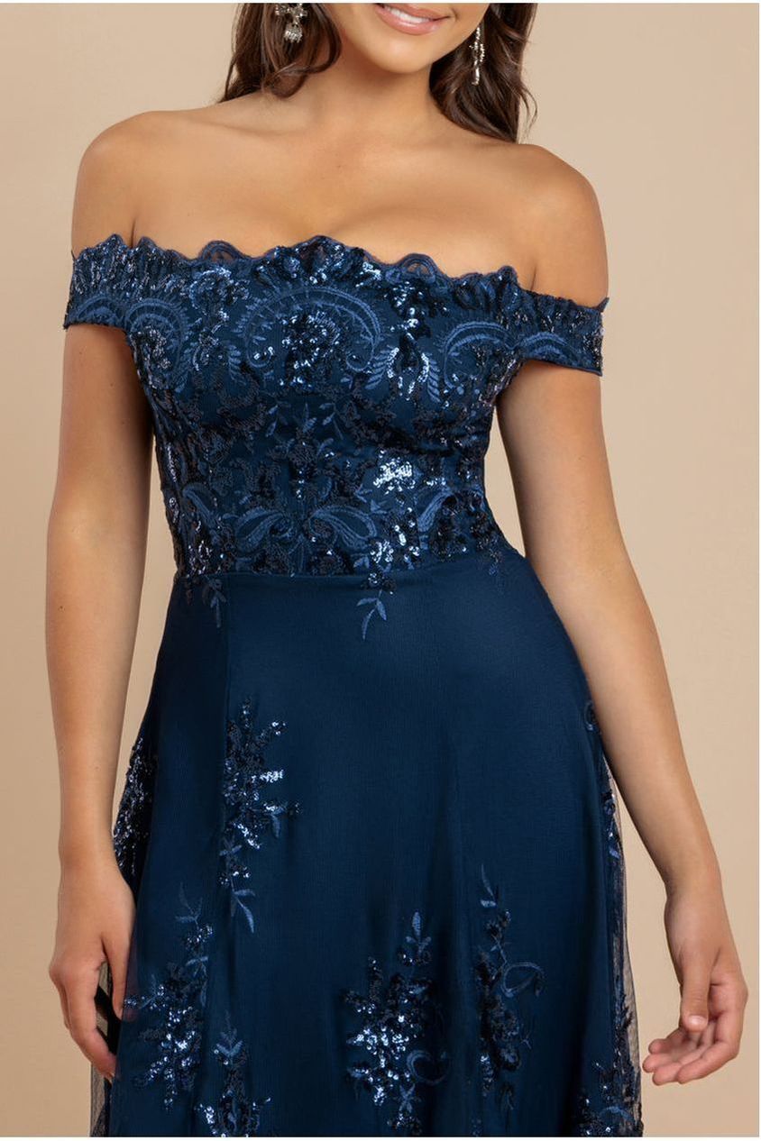 Bardot Sequin & Lace High Low Midi - Navy | Goddiva Bardot Sequin & Lace High Low Midi - Navy | Goddiva