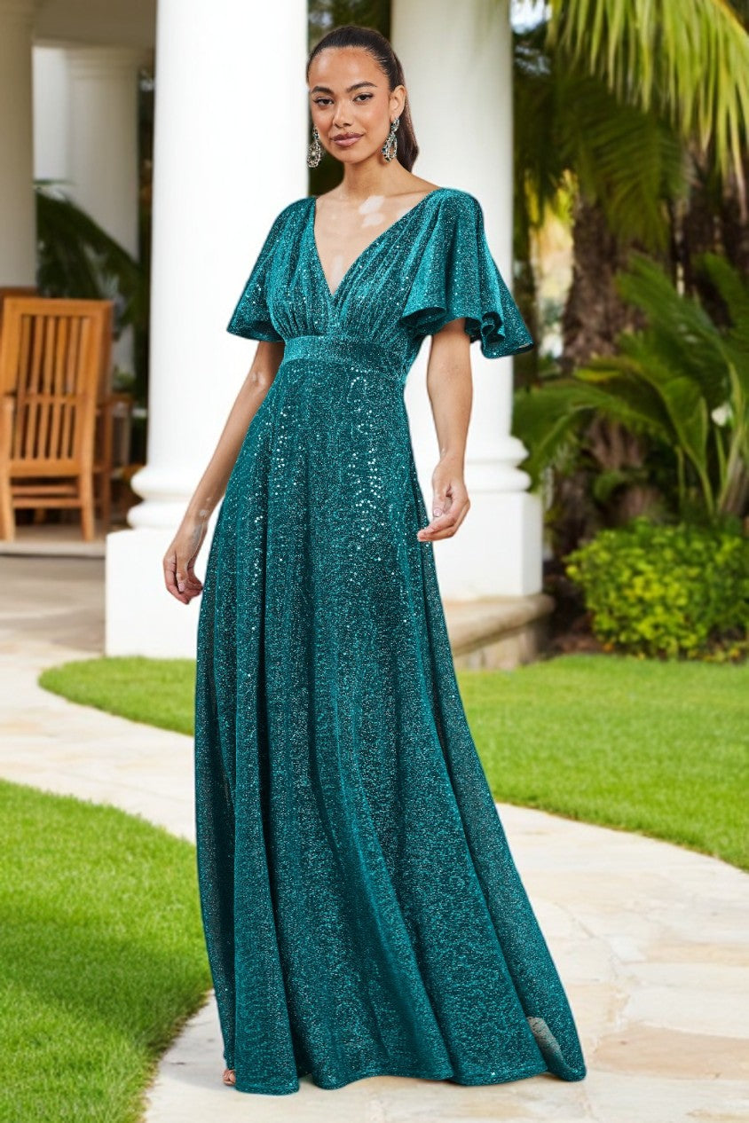 Sequin Lurex Flutter Sleeve Maxi Dress - Tealblue DR3680