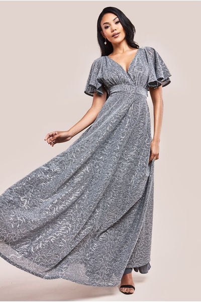 Silver - Sequin Lurex Flutter Sleeve Maxi Dress - Silver by Goddiva