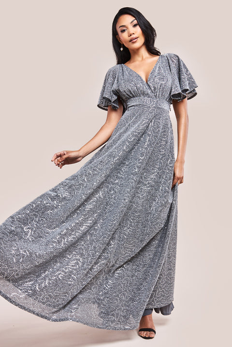 Sequin Lurex Flutter Sleeve Maxi Dress - Silver by Goddiva