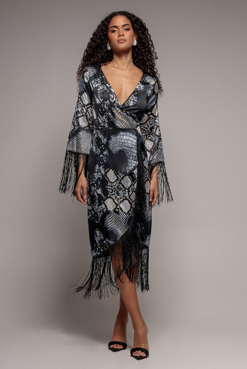 Foil Print Wrap Midi With Tassels - Black DR3699