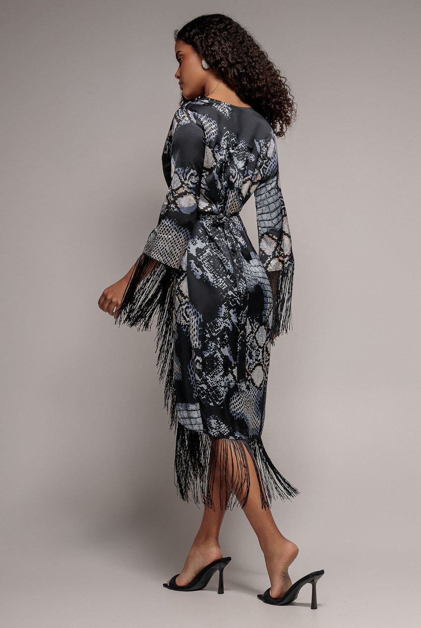 Foil Print Wrap Midi With Tassels - Black DR3699