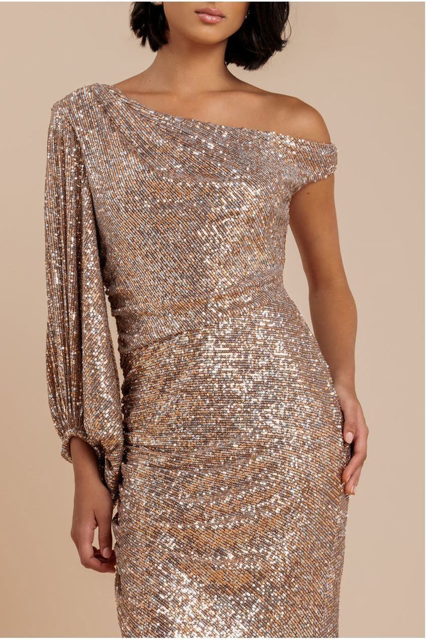 One Shoulder Asymmetric Midi Dress - Champagne DR3702
