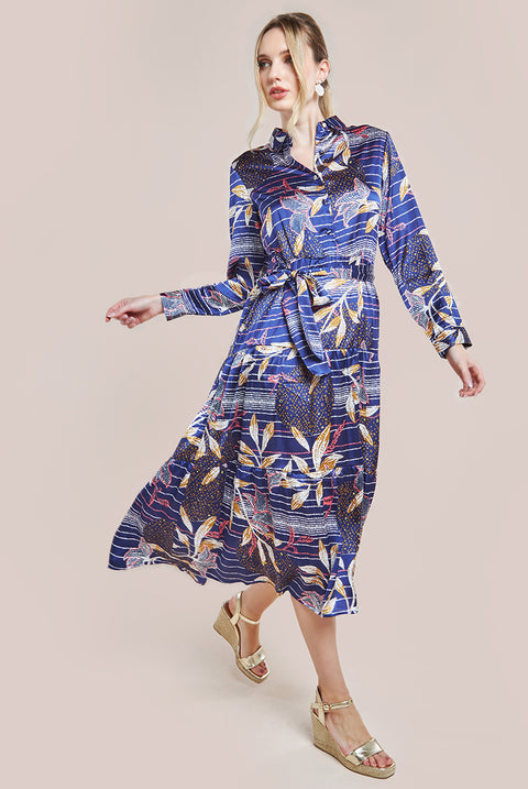 Printed Tiered Shirt Midi Dress - Navy DR3708