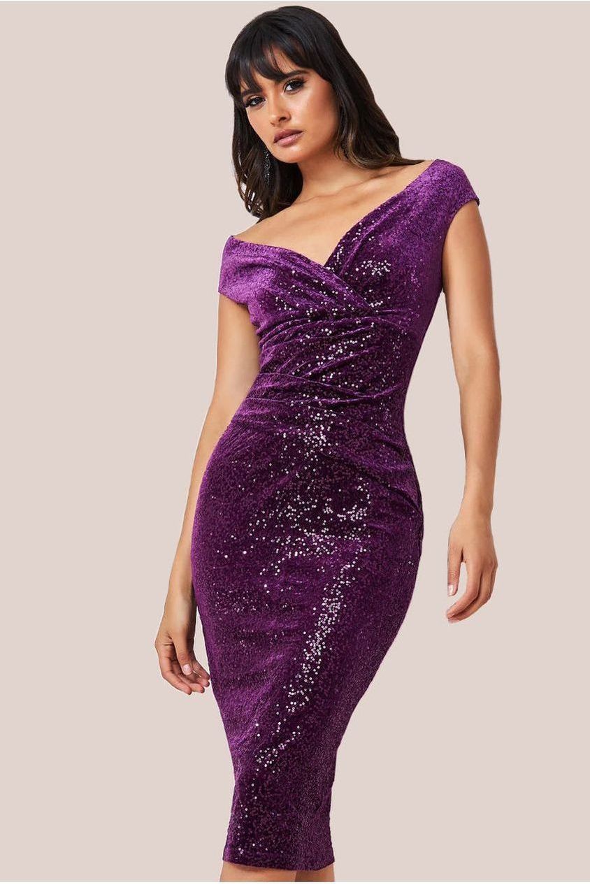 Sequin & Velvet Bardot Midi Dress - Magenta DR3720