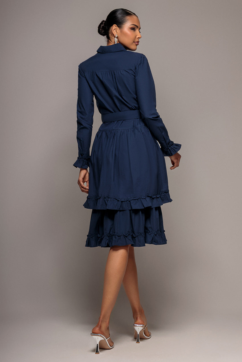 Tiered Shirt Belted Long Sleeve Midi Dress - Navy Blue DR3721