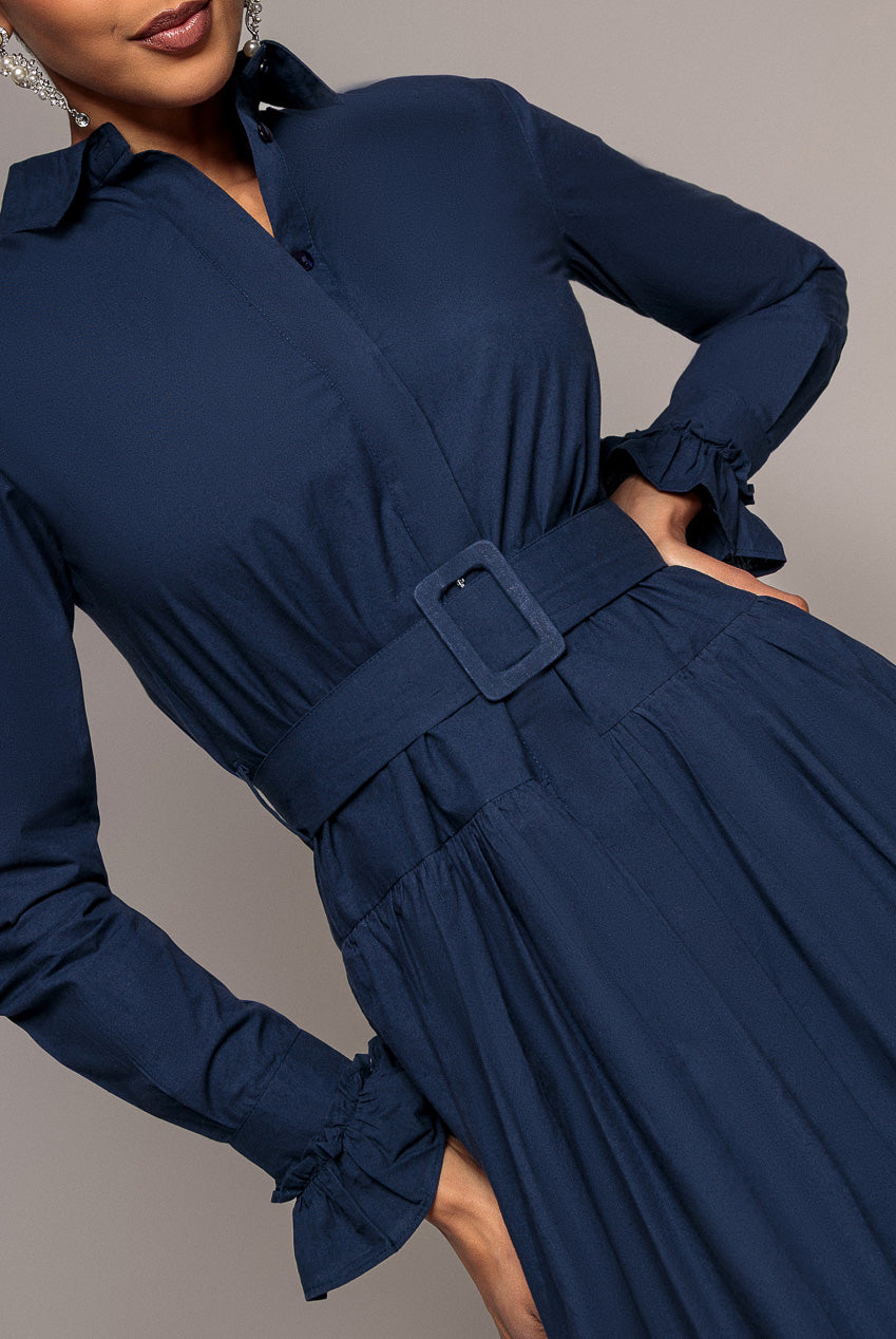 Tiered Shirt Belted Long Sleeve Midi Dress - Navy Blue DR3721