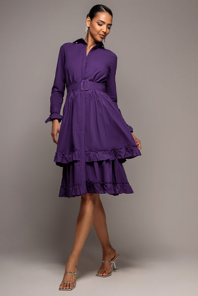 Purple - Tiered Shirt Belted Long Sleeve Midi Dress - Purple by Goddiva