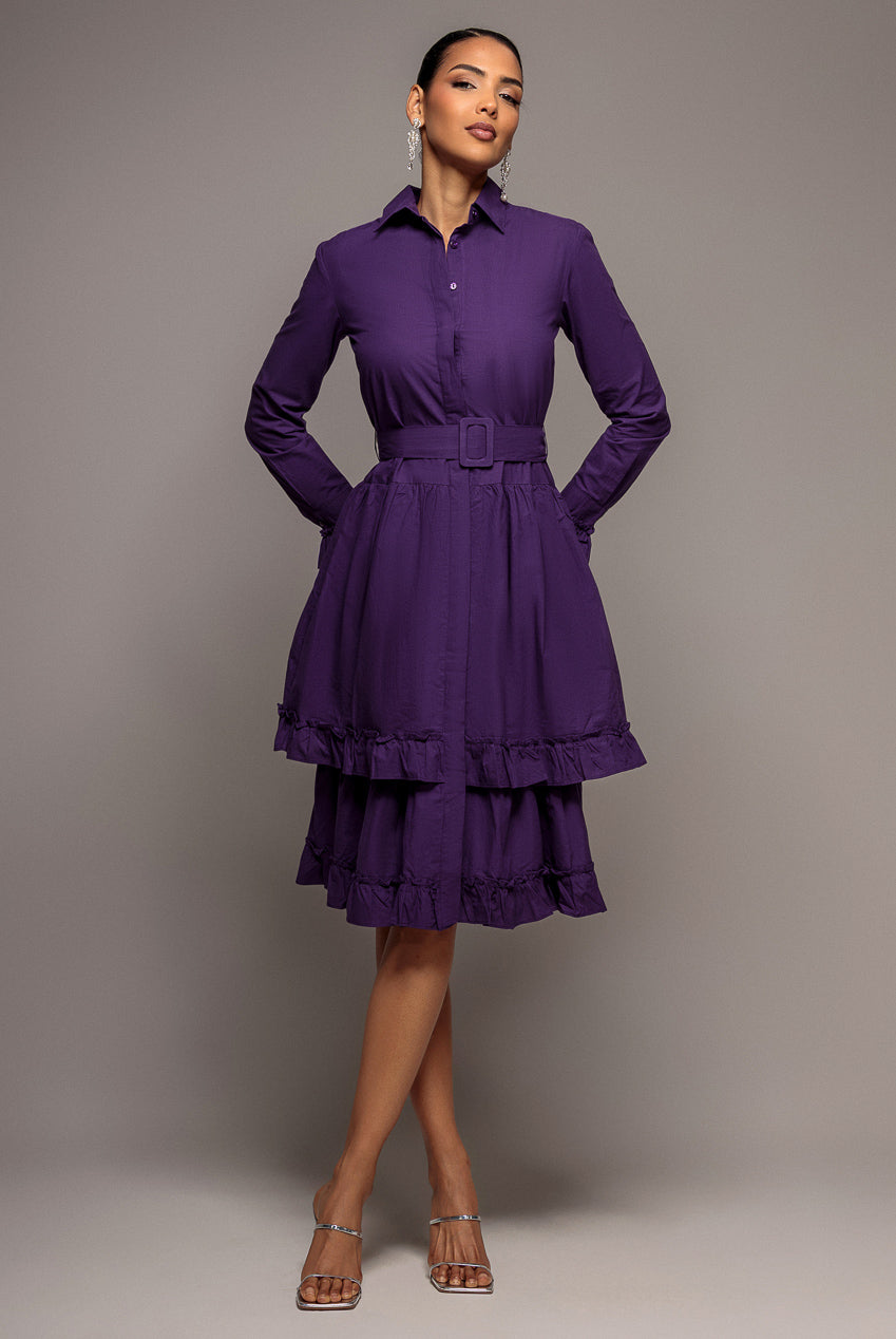 Tiered Shirt Belted Long Sleeve Midi Dress - Purple DR3721