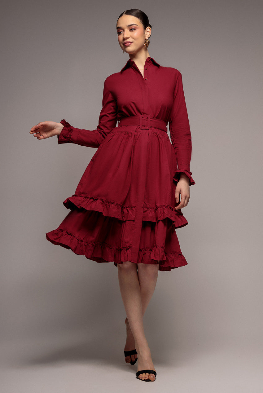 Tiered Shirt Belted Long Sleeve Midi Dress - Wine DR3721