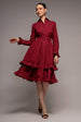 Tiered Shirt Belted Long Sleeve Midi Dress - Wine by Goddiva