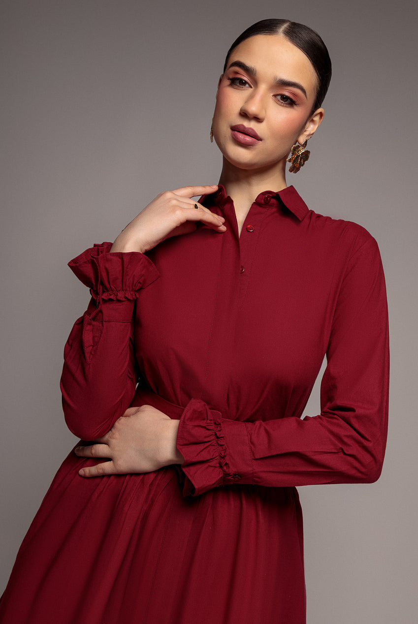 Tiered Shirt Belted Long Sleeve Midi Dress - Wine DR3721