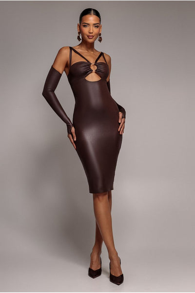 Faux Leather Cut Out Sheath Midi Dress - Brown by Goddiva