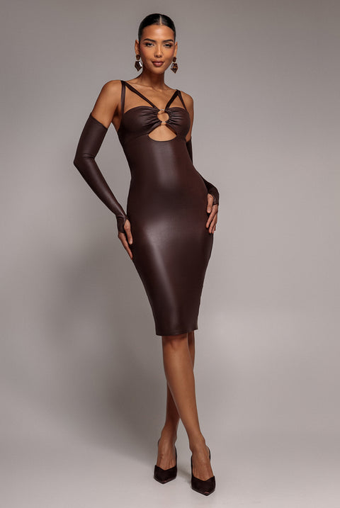 Faux Leather Cut Out Sheath Midi Dress - Brown by Goddiva
