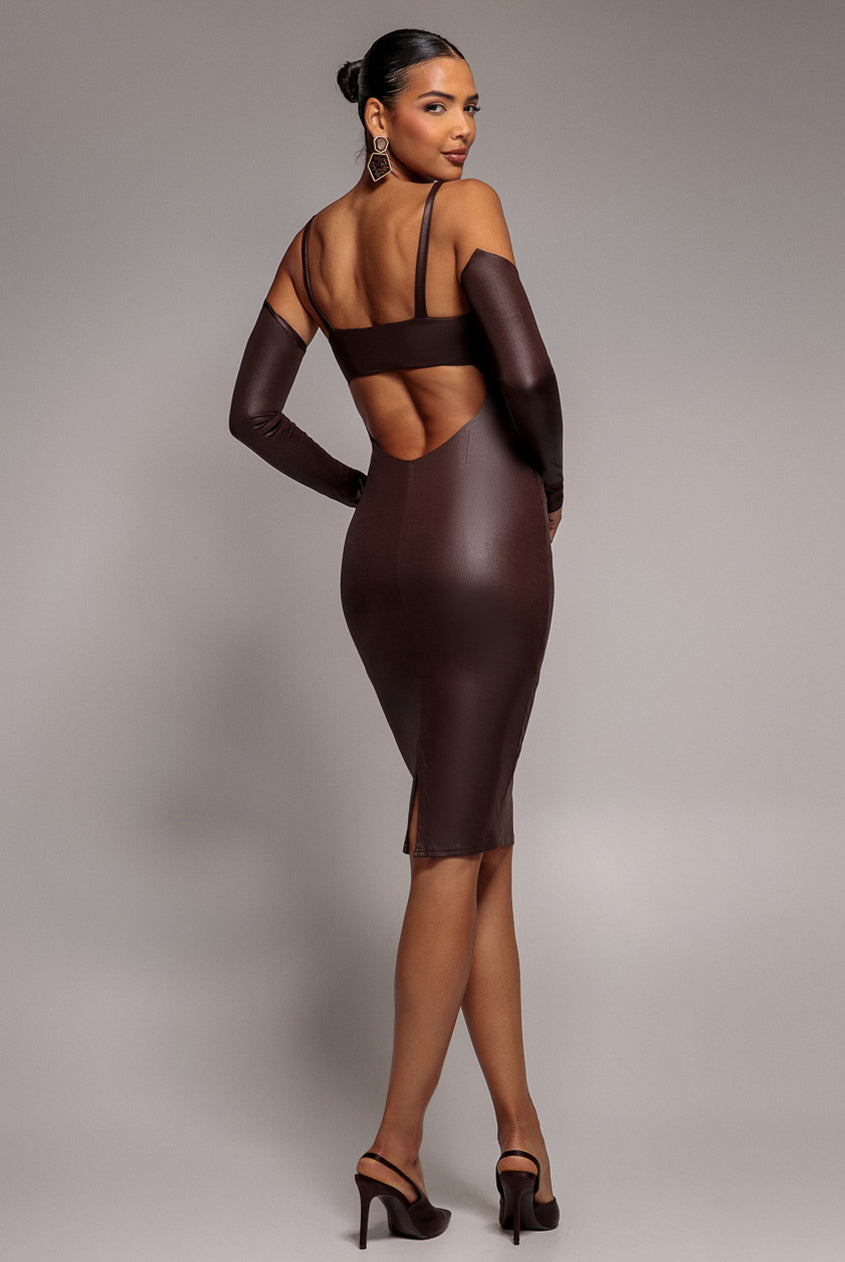 Faux Leather Cut Out Sheath Midi Dress - Brown