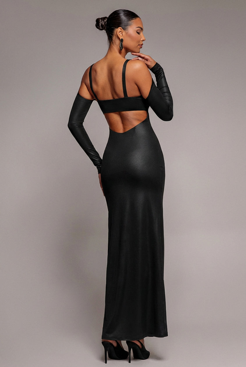 Faux Leather Cut Out Maxi Dress - Black DR3725