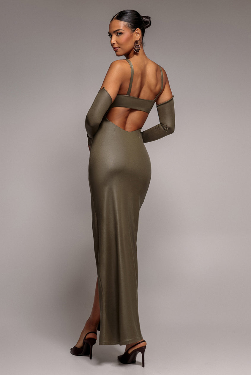 Faux Leather Cut Out Maxi Dress - Khaki DR3725