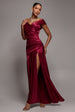 Satin Off Shoulder Pleated Maxi Dress - Berry by Goddiva
