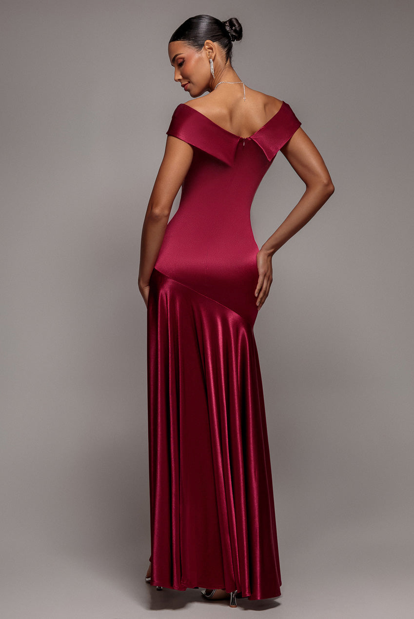 Satin Off Shoulder Pleated Maxi Dress - Berry DR3731