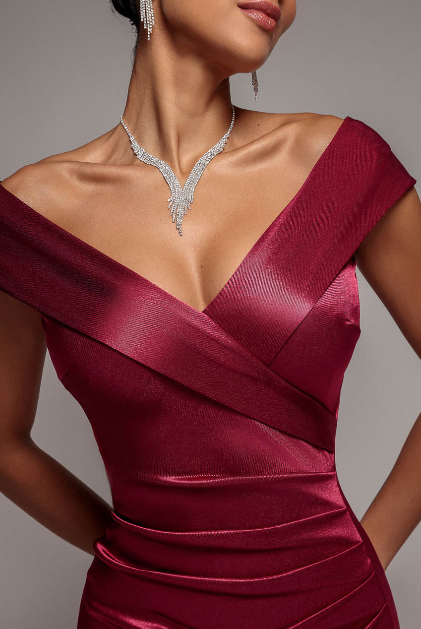 Satin Off Shoulder Pleated Maxi Dress - Berry DR3731