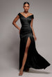 Satin Off Shoulder Pleated Maxi Dress - Black by Goddiva