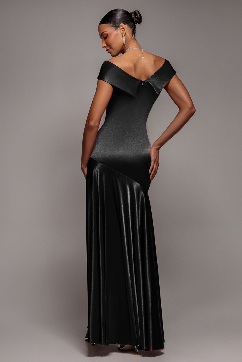 Satin Off Shoulder Pleated Maxi Dress - Black DR3731