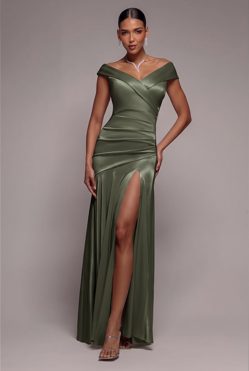 Satin Off Shoulder Pleated Maxi Dress - Olive Green DR3731