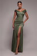 Satin Off Shoulder Pleated Maxi Dress - Olive Green by Goddiva