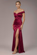 Satin Off Shoulder Pleated Maxi Dress - Berry by Goddiva