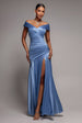 Satin Off Shoulder Pleated Maxi Dress - Dusty Blue by Goddiva