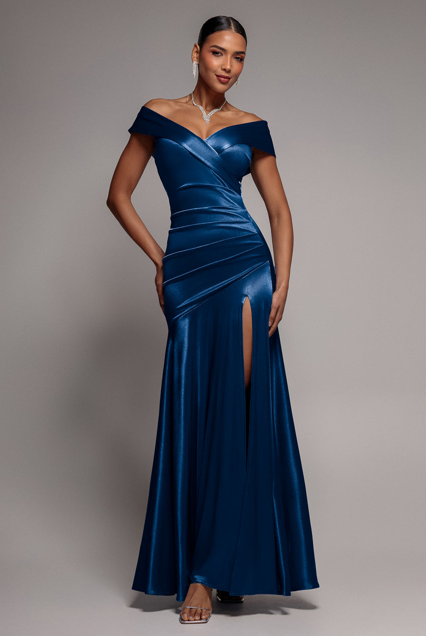 Satin Off Shoulder Pleated Maxi Dress - Navy Blue DR3731