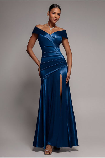 Navy - Satin Off Shoulder Pleated Maxi Dress - Navy Blue by Goddiva