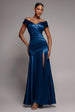 Satin Off Shoulder Pleated Maxi Dress - Navy Blue by Goddiva