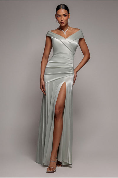 Satin Off Shoulder Pleated Maxi Dress - Sage Green by Goddiva
