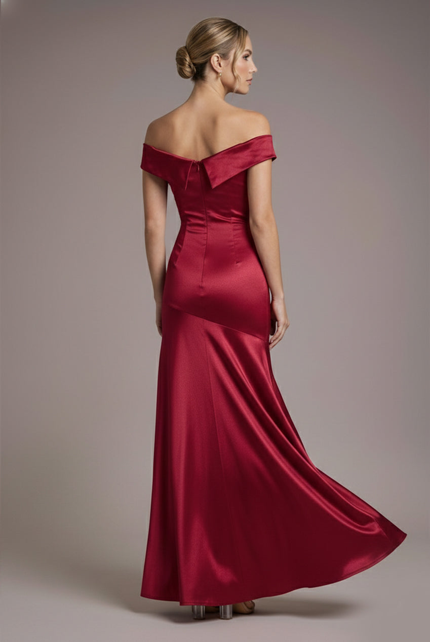 Satin Off Shoulder Pleated Maxi Dress - Berry DR3731