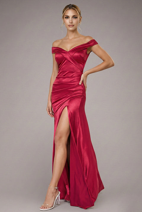 Satin Off Shoulder Pleated Maxi Dress - Berry by Goddiva