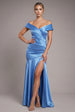 Satin Off Shoulder Pleated Maxi Dress - Dusty Blue by Goddiva
