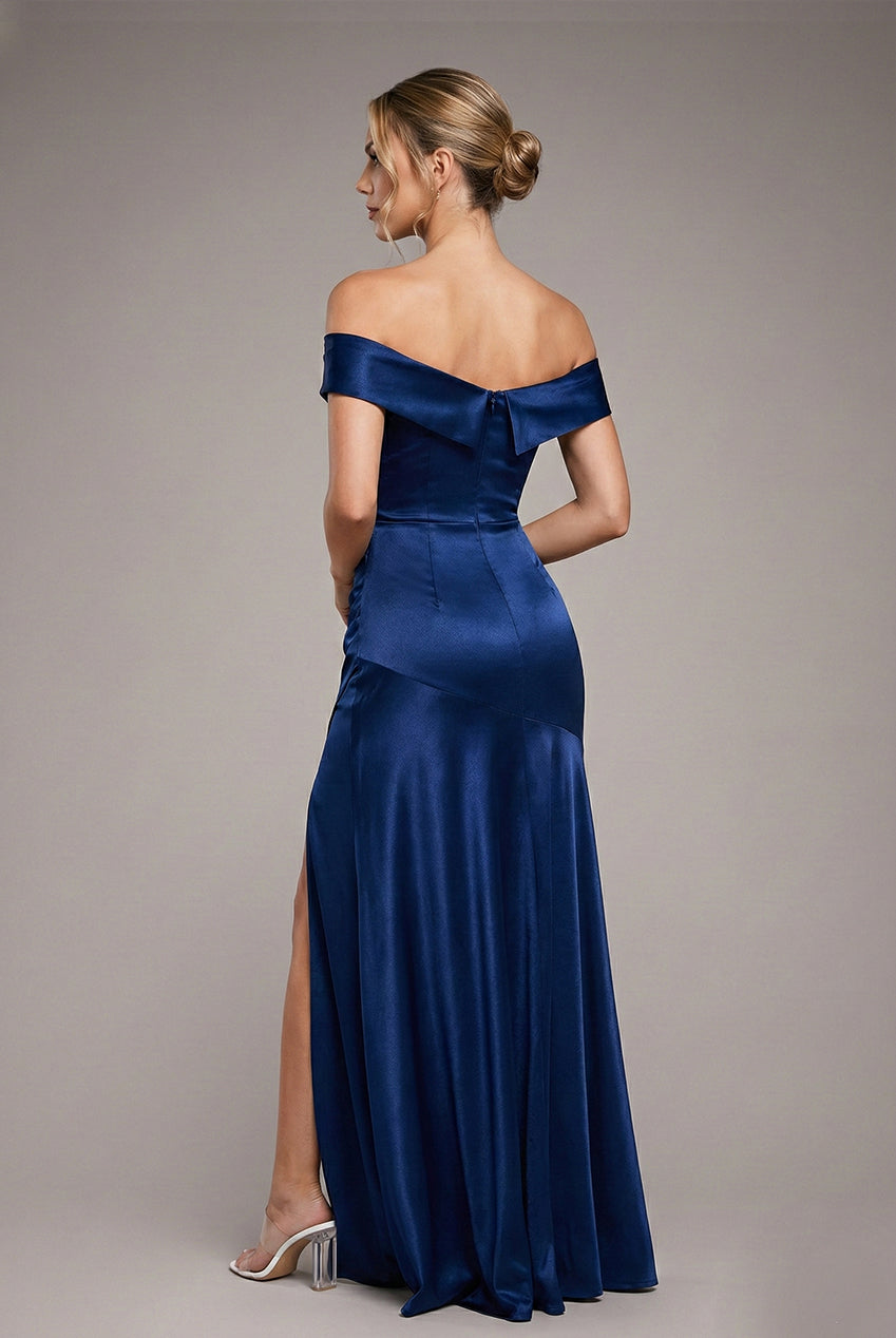 Satin Off Shoulder Pleated Maxi Dress - Navy Blue DR3731