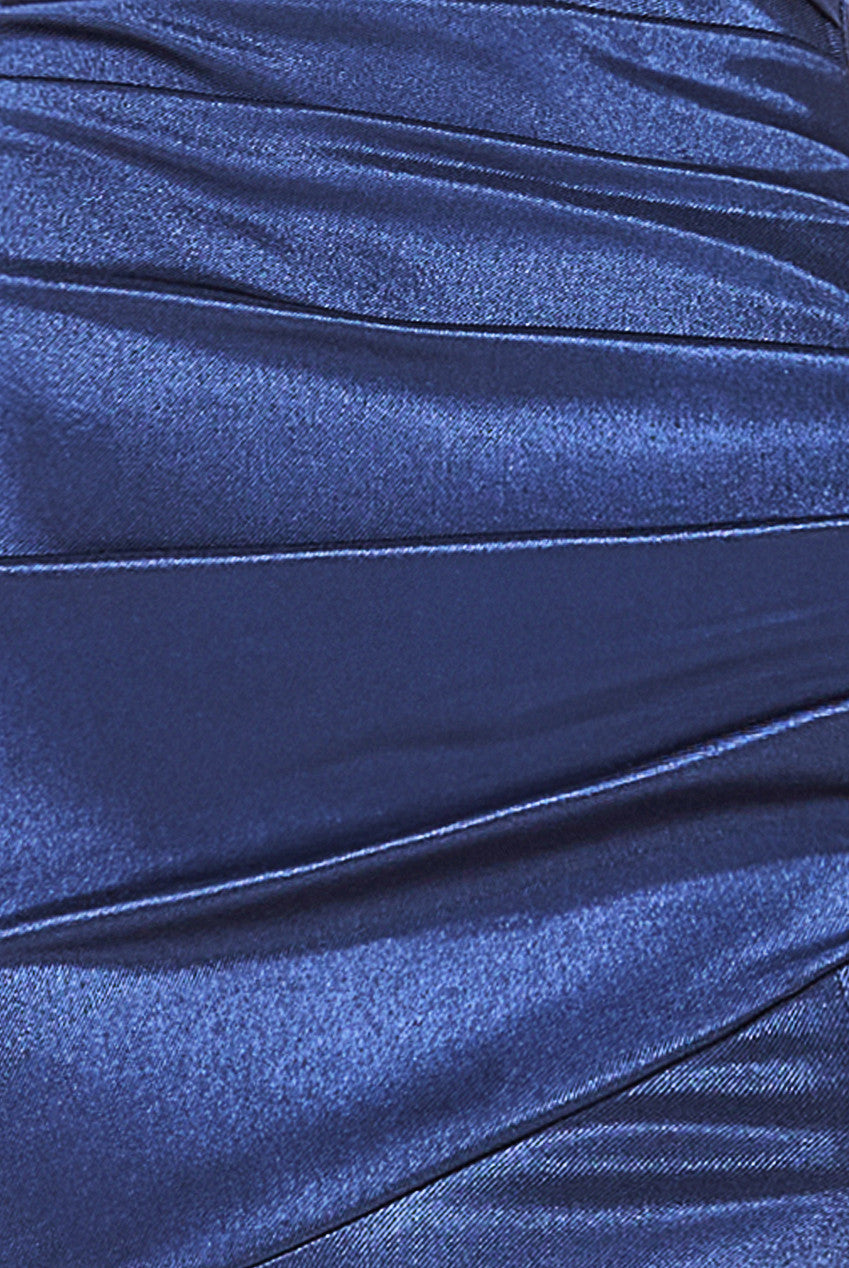 Satin Off Shoulder Pleated Maxi Dress - Navy Blue DR3731