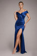 Satin Off Shoulder Pleated Maxi Dress - Navy Blue by Goddiva