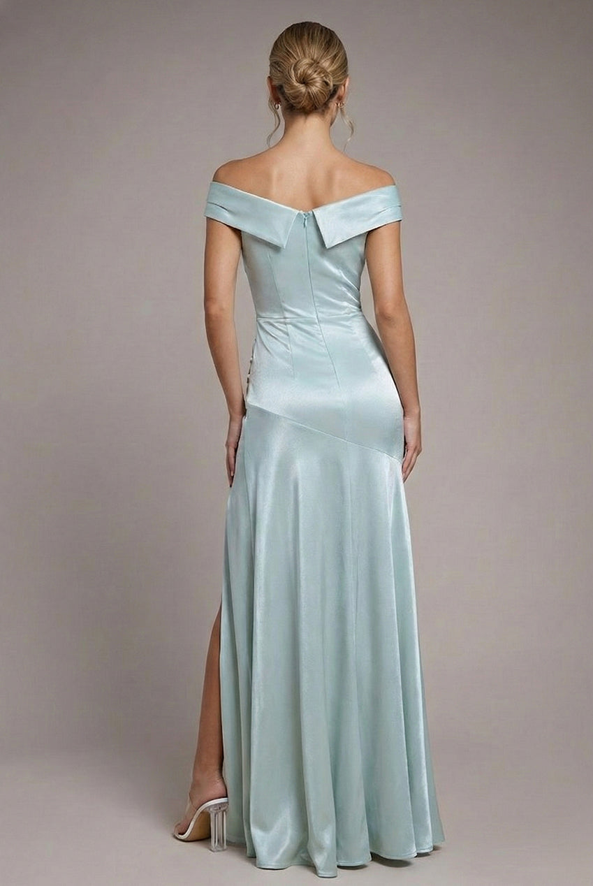Satin Off Shoulder Pleated Maxi Dress - Sage Green DR3731