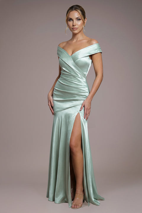 Satin Off Shoulder Pleated Maxi Dress - Sage Green by Goddiva
