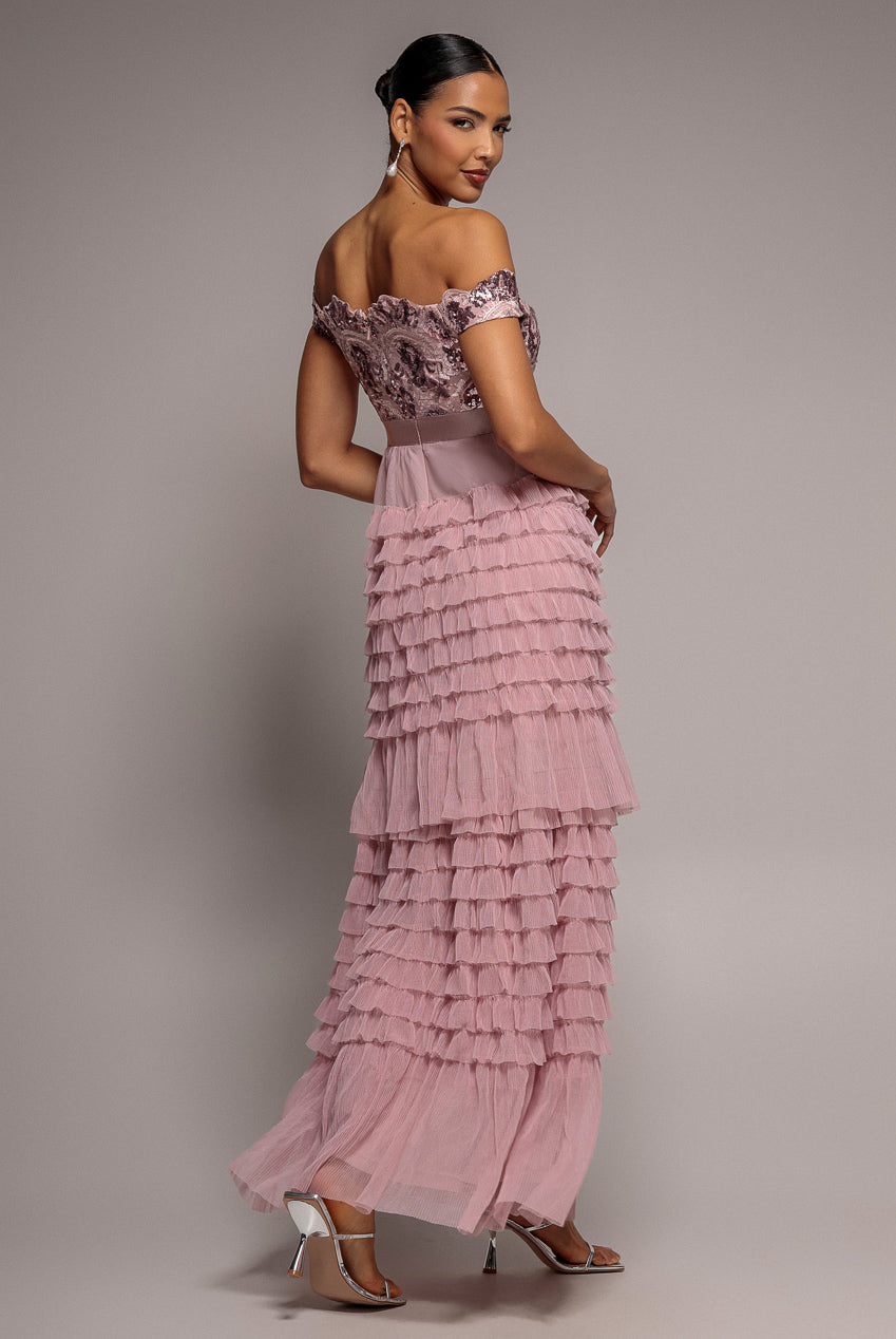 Scallop Bardot Ruffle Mesh Maxi - Blush DR3742