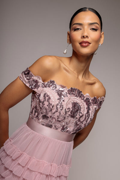 Blush - Scallop Bardot Ruffle Mesh Maxi - Blush by Goddiva