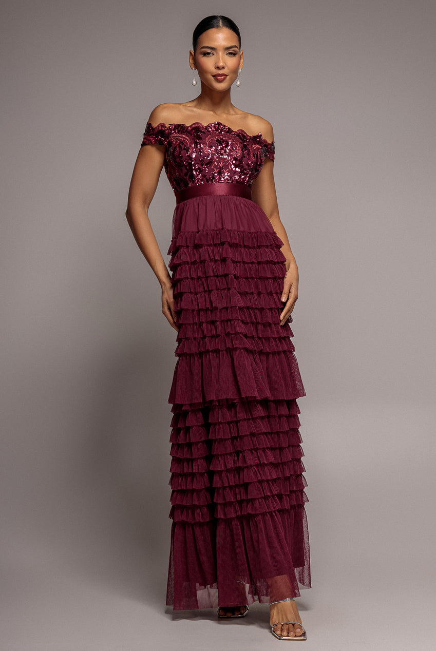 Scallop Bardot Ruffle Mesh Maxi - Burgundy DR3742