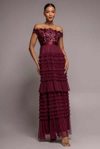Burgundy - Scallop Bardot Ruffle Mesh Maxi - Burgundy by Goddiva